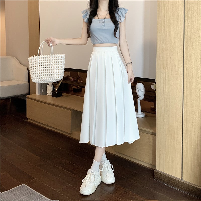 Kingfancy Women's Pleated Chiffon Midi Skirt - Elastic Waist A-Line, White, Medium - View #11